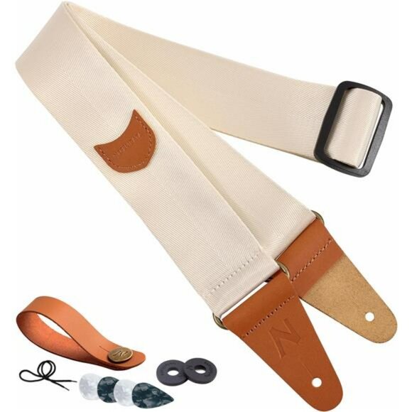 Beige Guitar Strap with Pick Pocket Strap Locks Fits Electric Acoustic Bass - Picture 1 of 7